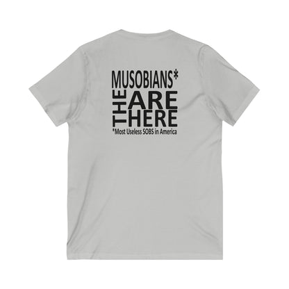 Musobians Are Here back design on gray V-neck T-shirt