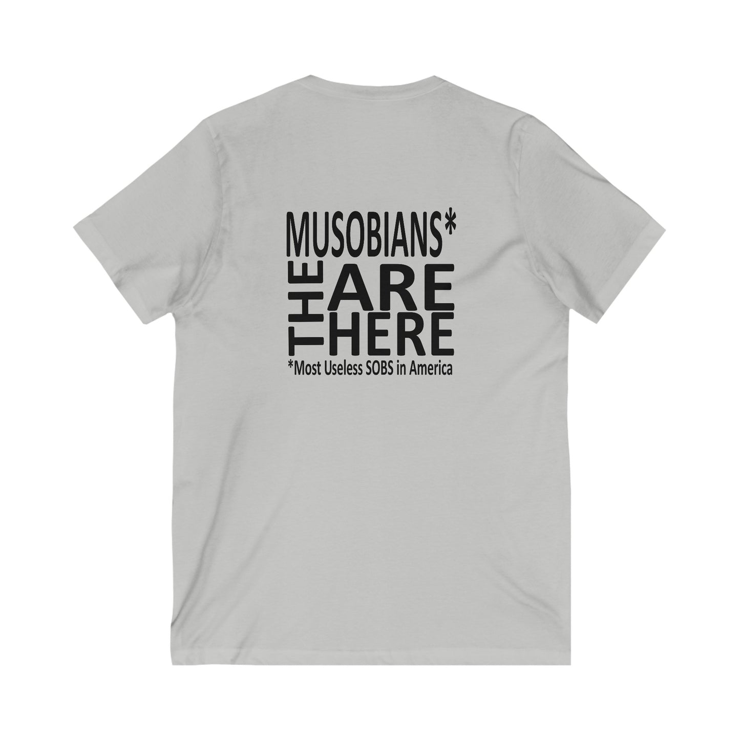 Musobians Are Here back design on gray V-neck T-shirt