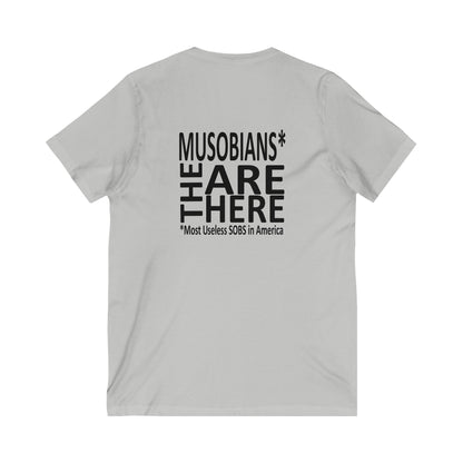Musobians Are Here back design on gray V-neck T-shirt