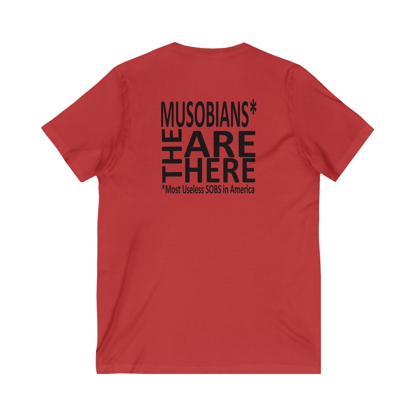 Musobians Are Here back design on red V-neck T-shirt