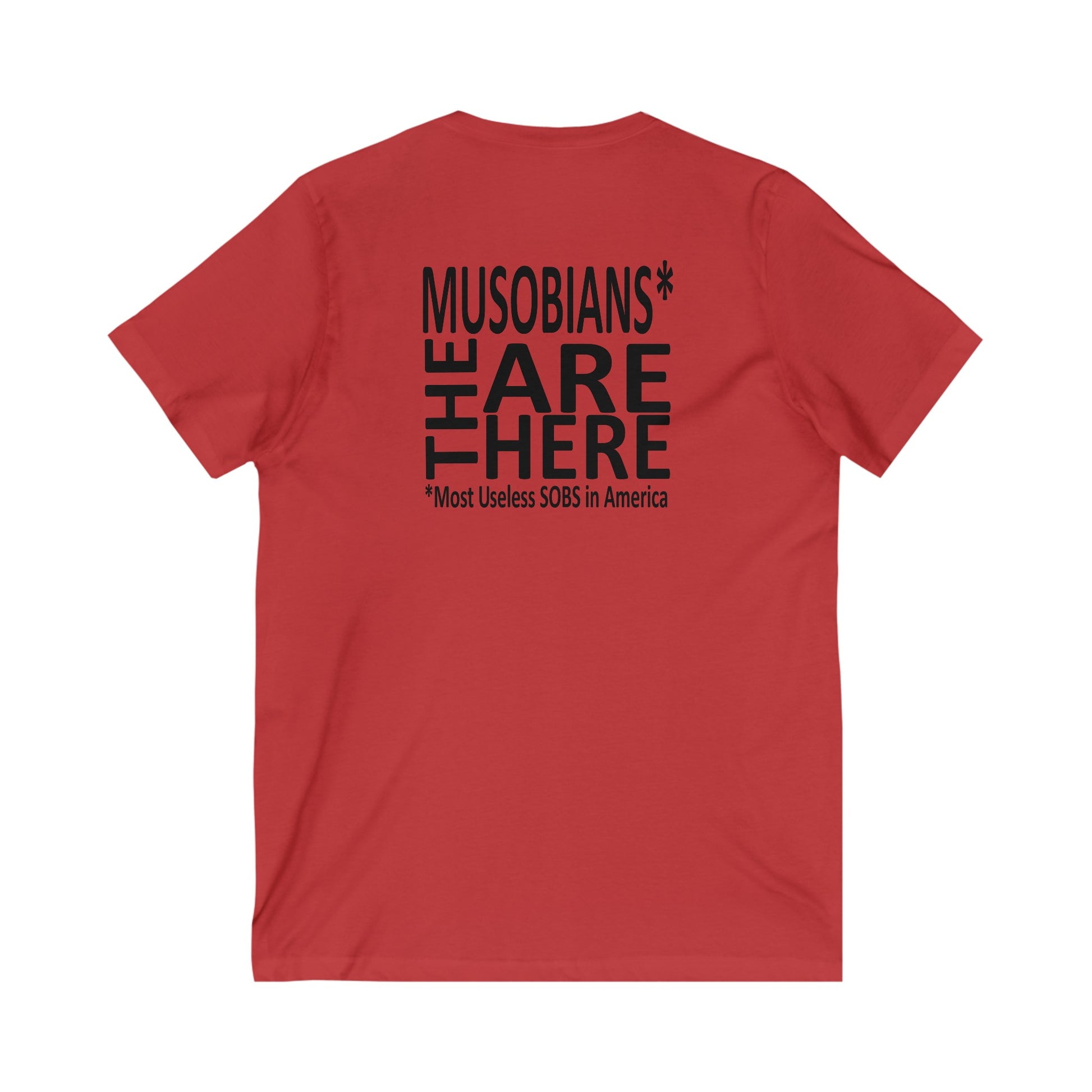Musobians Are Here back design on red V-neck T-shirt