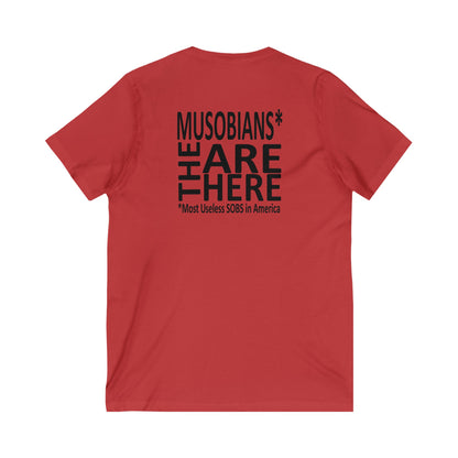 Musobians Are Here back design on red V-neck T-shirt