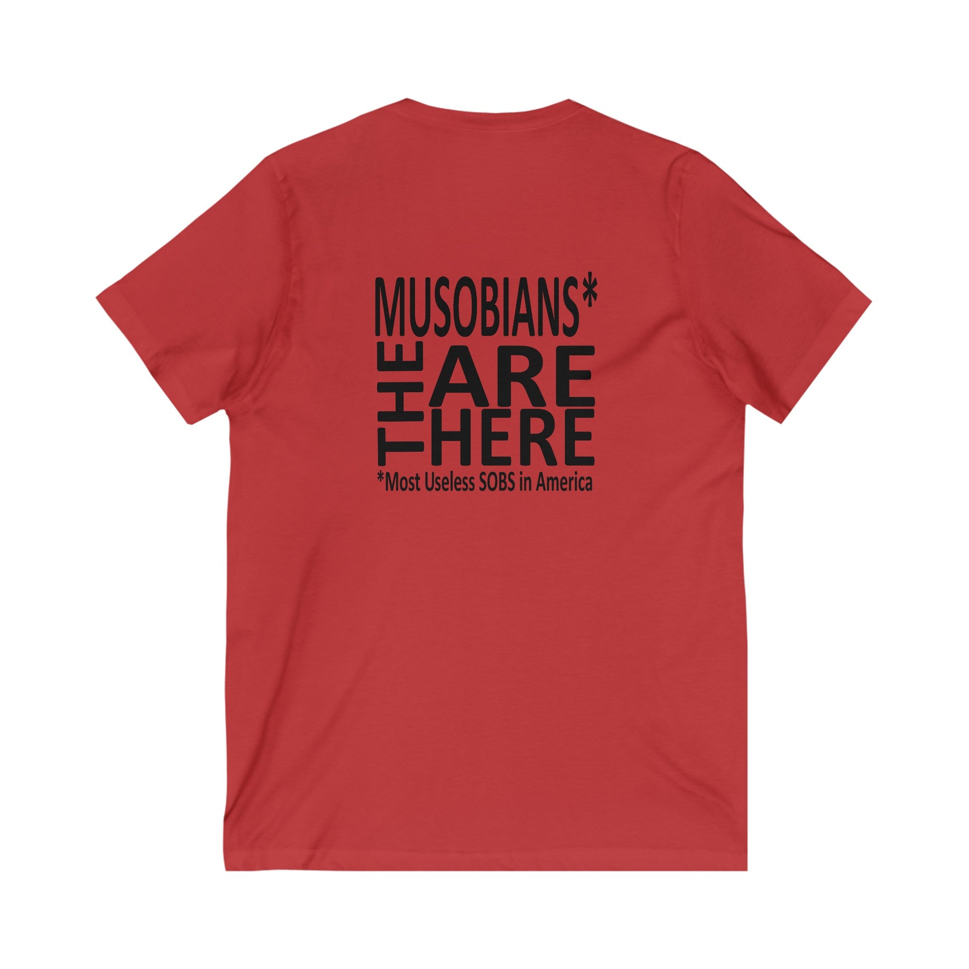 Musobians Are Here back design on red V-neck T-shirt