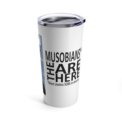 Back of the Capitol Devils 20 oz tumbler featuring the Musobians Are Here logo