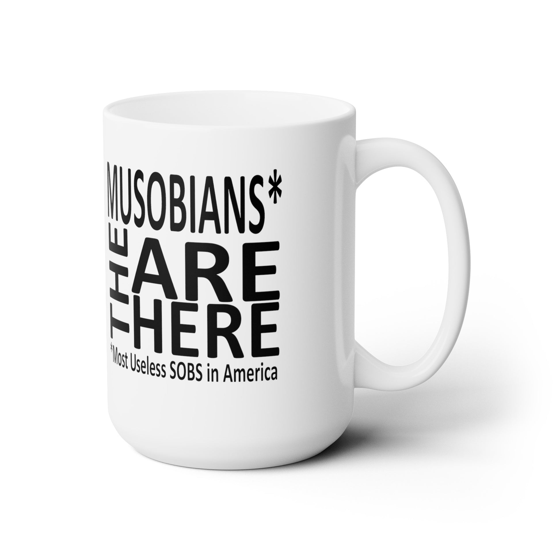 Back of the Fani Pac 15 oz mug featuring the Musobians Are Here logo