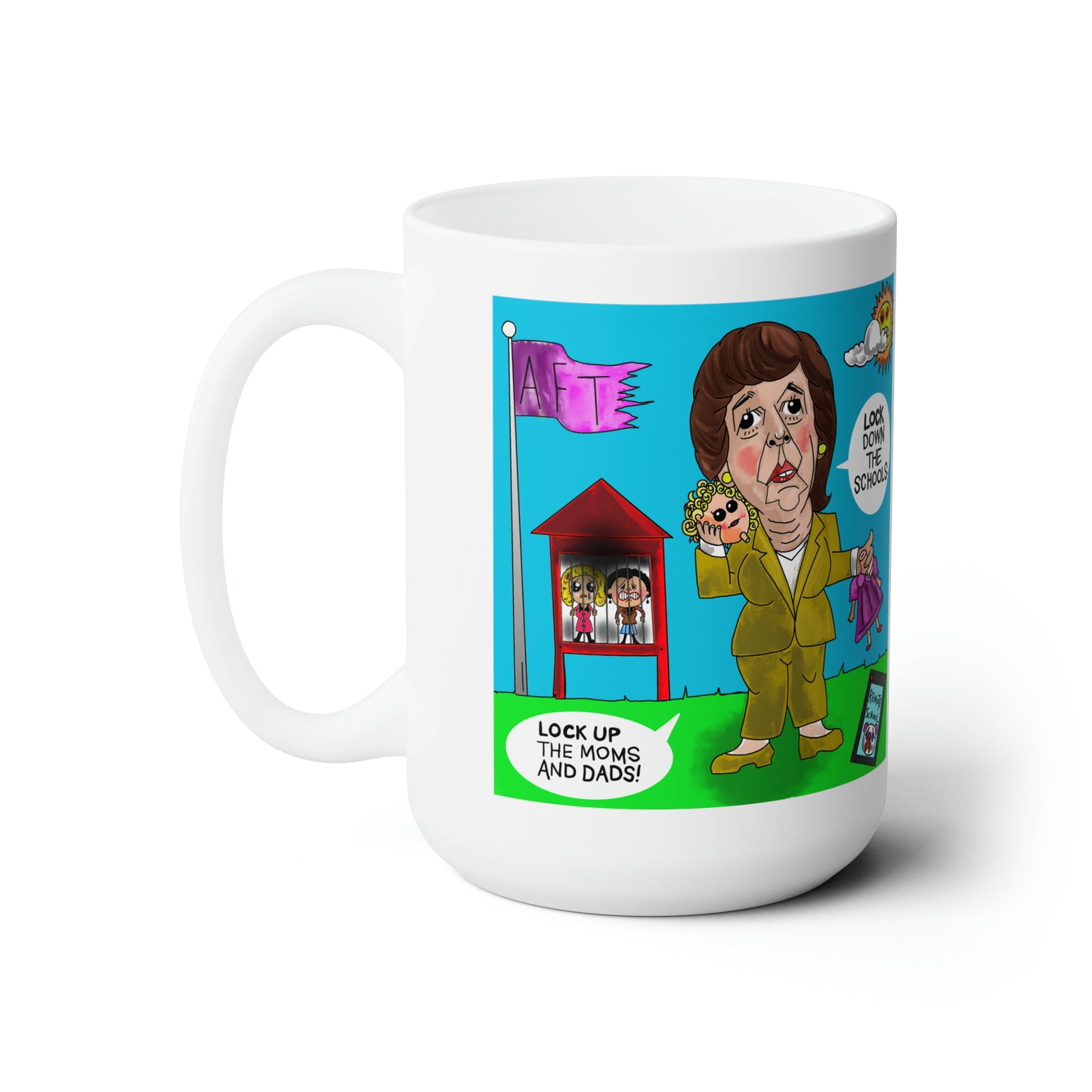 Front view of the Schools Guru 15 oz mug featuring Randi Weingarten and remote-school satire by Musobia