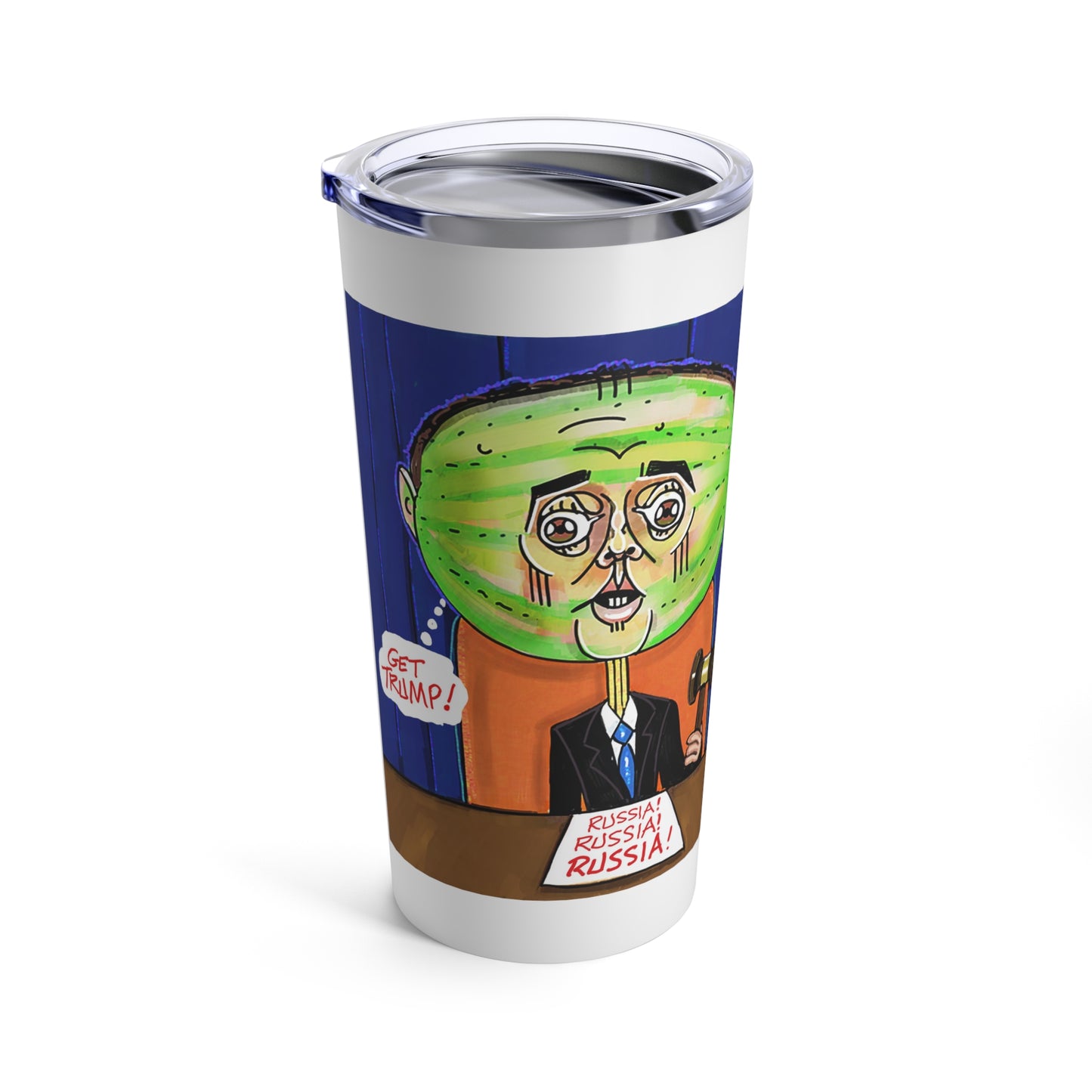 Shifty Adam Schiff political satire character on a 20 oz Musobia tumbler, front view