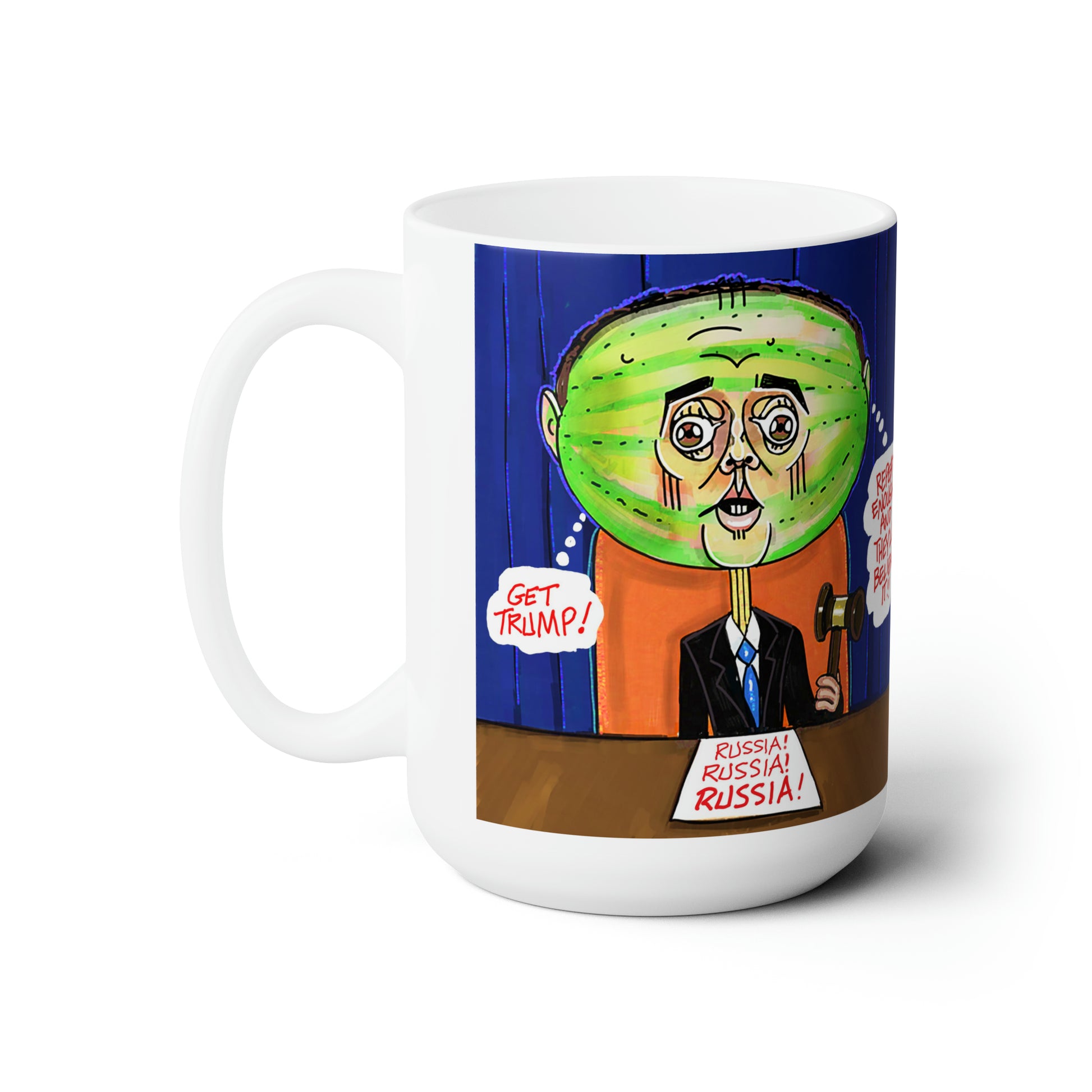 Shifty funny political gift mug featuring original Adam Schiff satire artwork by Musobia