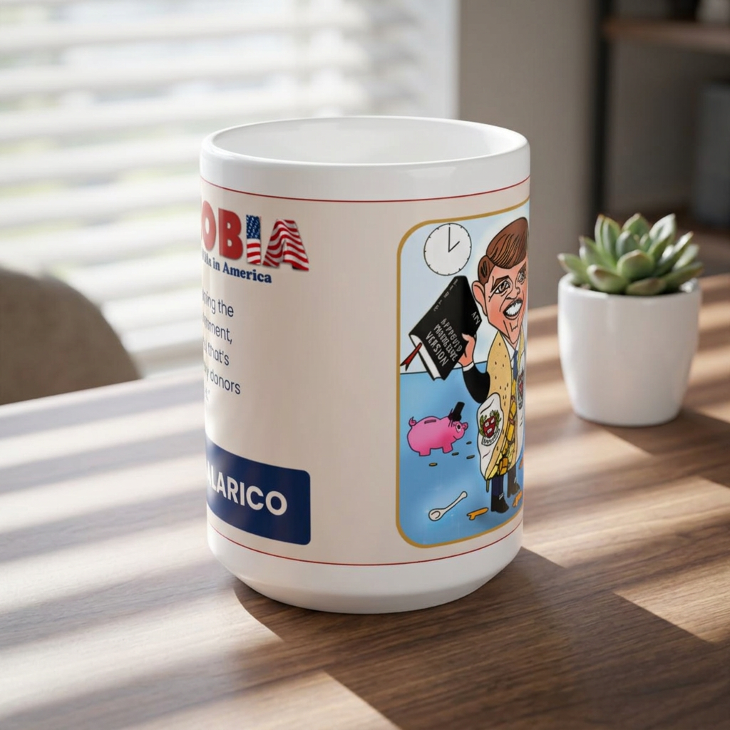 Angled view of the Taco Talarico 15 oz mug showing the Musobia logo, quote, title, and character artwork around the mug.