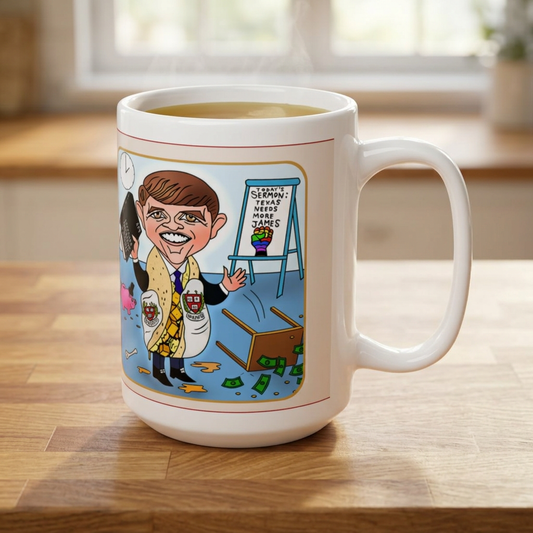 White 15 oz Taco Talarico political satire mug on a kitchen counter showing the Musobia character artwork and overturned table
