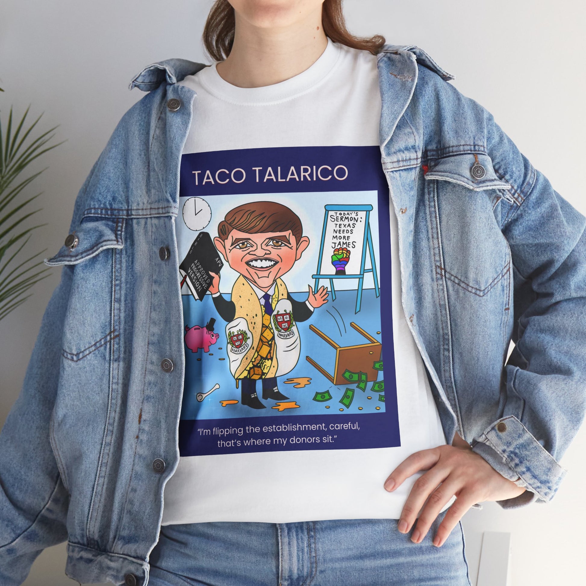 Lifestyle mockup of a person wearing the white Taco Talarico political satire T-shirt under a denim jacket.