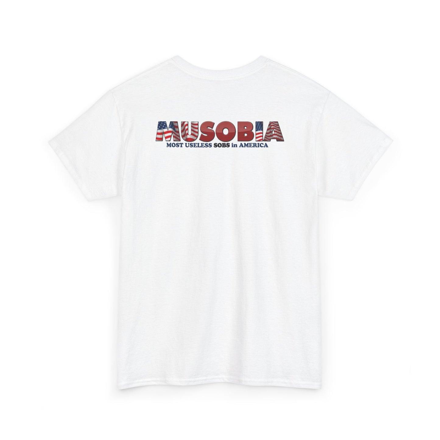 Back view of the white Taco Talarico T-shirt showing the Musobia logo printed across the upper back.