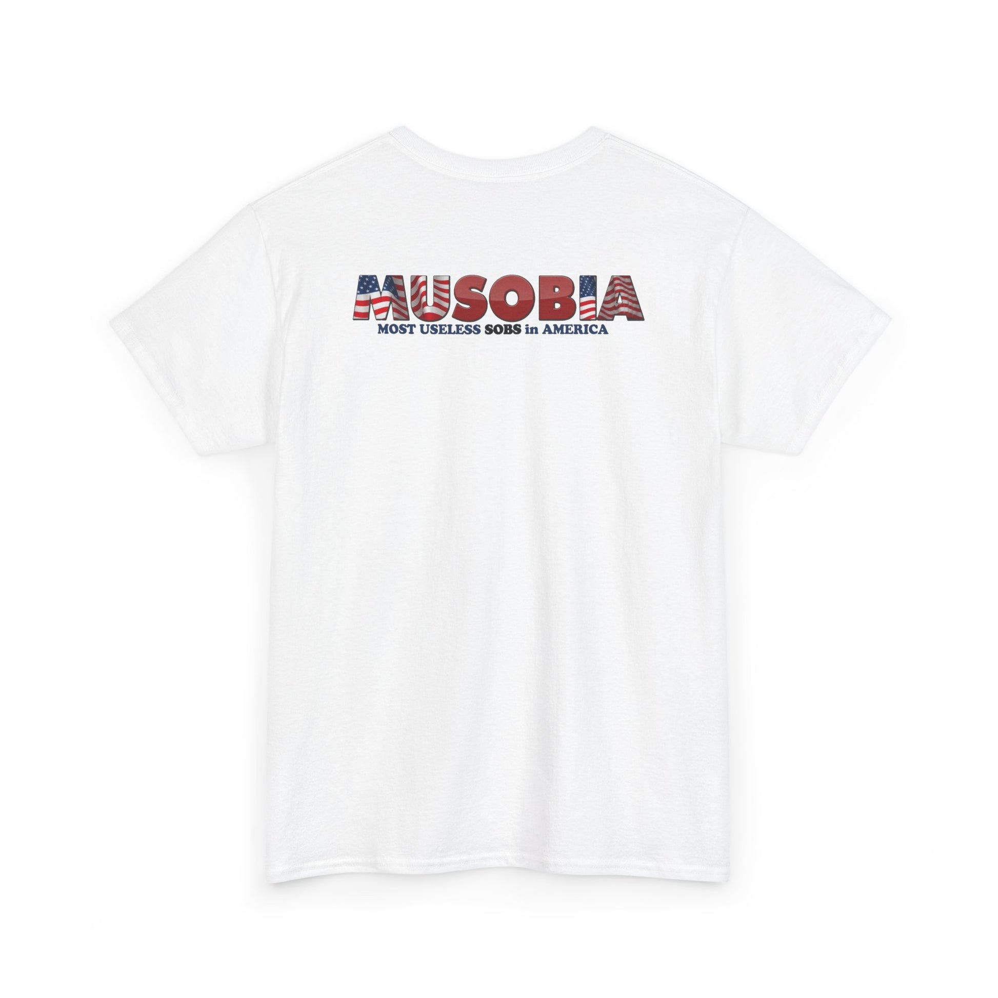 Back view of the white Taco Talarico T-shirt showing the Musobia logo printed across the upper back.