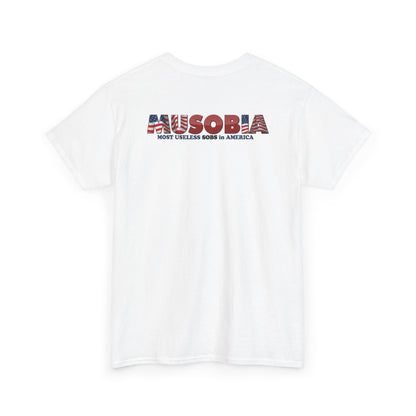 Back view of the white Taco Talarico T-shirt showing the Musobia logo printed across the upper back.