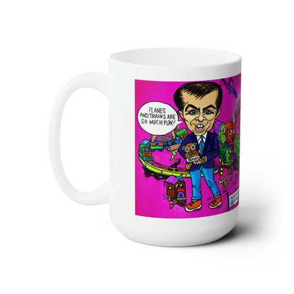 Front view of the Transportation Guru 15 oz mug featuring Pete Buttigieg playing with toy trains and planes
