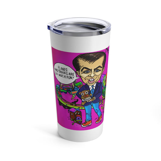 Front view of the Transportation Guru 20 oz tumbler featuring Pete Buttigieg with toy trains and planes