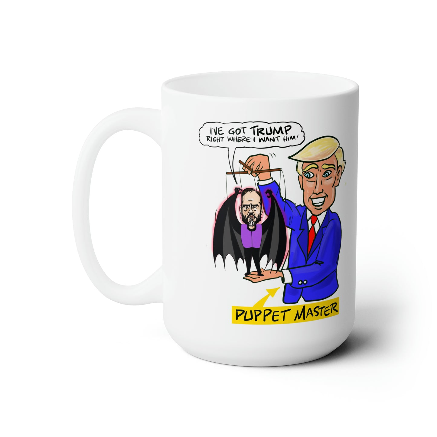 Trump and Jack Smith funny political gift mug featuring Puppet Master satire artwork by Musobia
