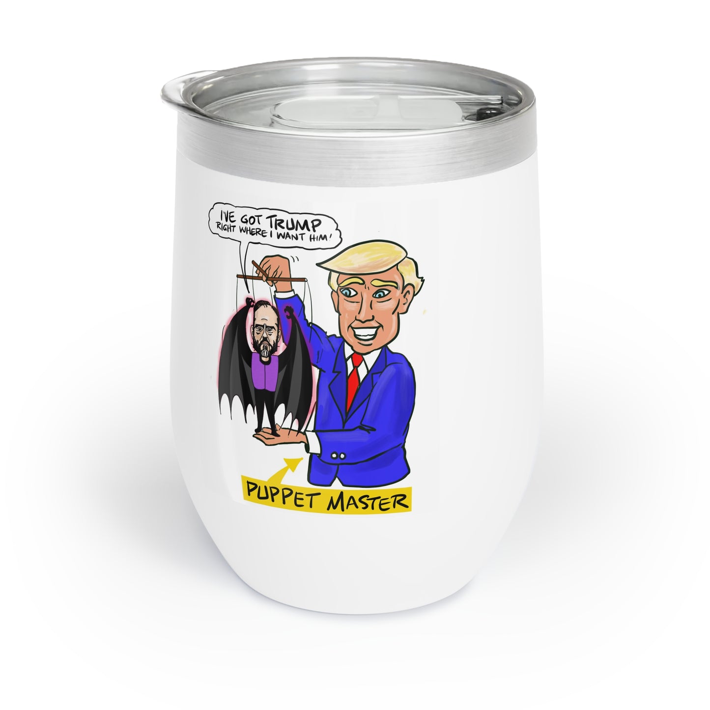 Trump and Jack Smith funny political gift wine tumbler featuring Puppet Master satire artwork by Musobia