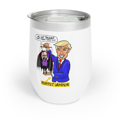 Trump and Jack Smith funny political gift wine tumbler featuring Puppet Master satire artwork by Musobia